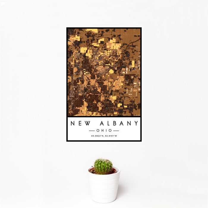 12x18 New Albany Ohio Map Print Portrait Orientation in Ember Style With Small Cactus Plant in White Planter