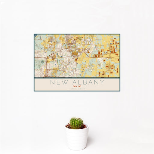 12x18 New Albany Ohio Map Print Landscape Orientation in Woodblock Style With Small Cactus Plant in White Planter