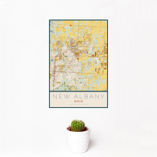 12x18 New Albany Ohio Map Print Portrait Orientation in Woodblock Style With Small Cactus Plant in White Planter