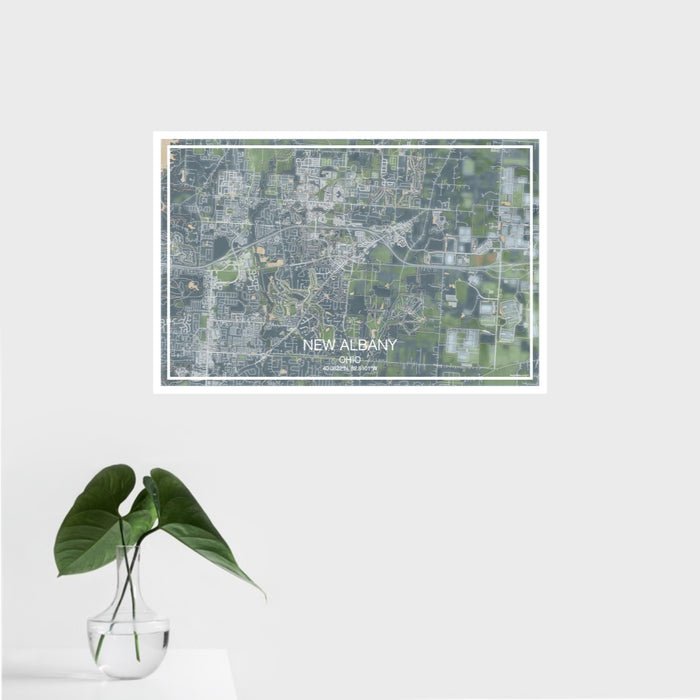 16x24 New Albany Ohio Map Print Landscape Orientation in Afternoon Style With Tropical Plant Leaves in Water