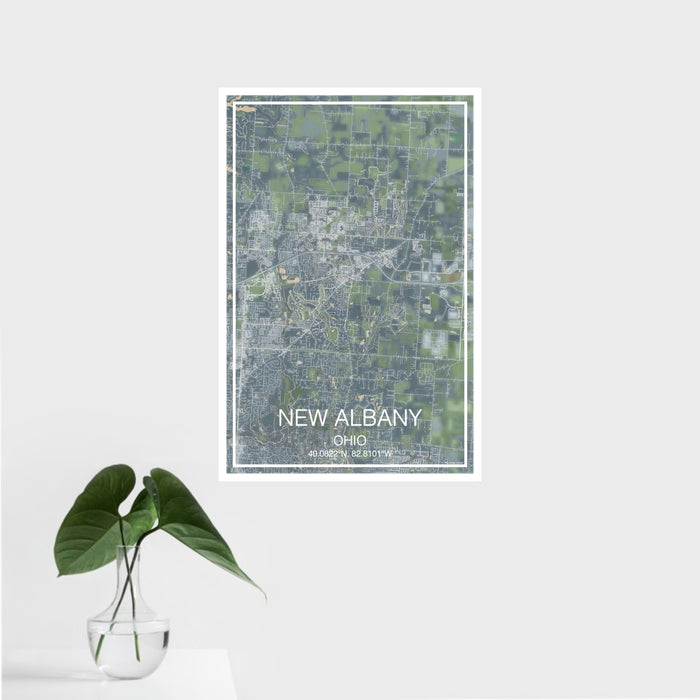 16x24 New Albany Ohio Map Print Portrait Orientation in Afternoon Style With Tropical Plant Leaves in Water
