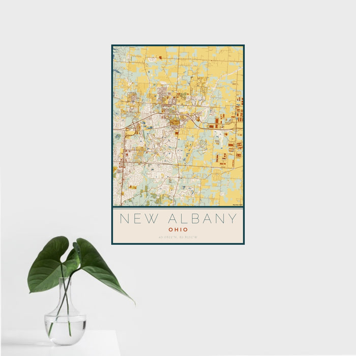 16x24 New Albany Ohio Map Print Portrait Orientation in Woodblock Style With Tropical Plant Leaves in Water