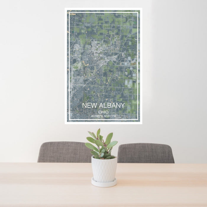 24x36 New Albany Ohio Map Print Portrait Orientation in Afternoon Style Behind 2 Chairs Table and Potted Plant