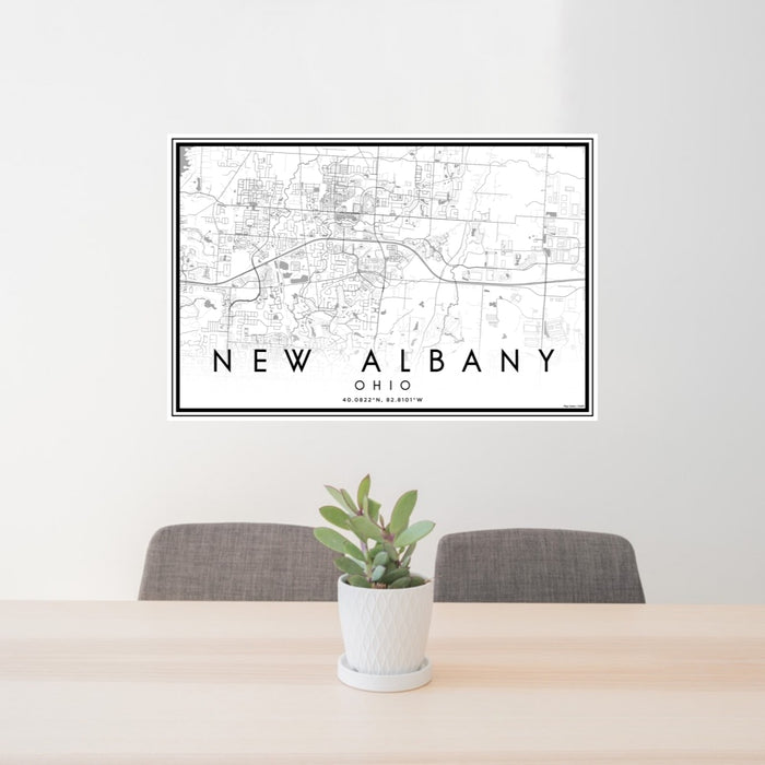 24x36 New Albany Ohio Map Print Landscape Orientation in Classic Style Behind 2 Chairs Table and Potted Plant