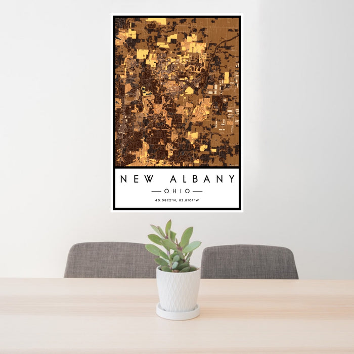 24x36 New Albany Ohio Map Print Portrait Orientation in Ember Style Behind 2 Chairs Table and Potted Plant