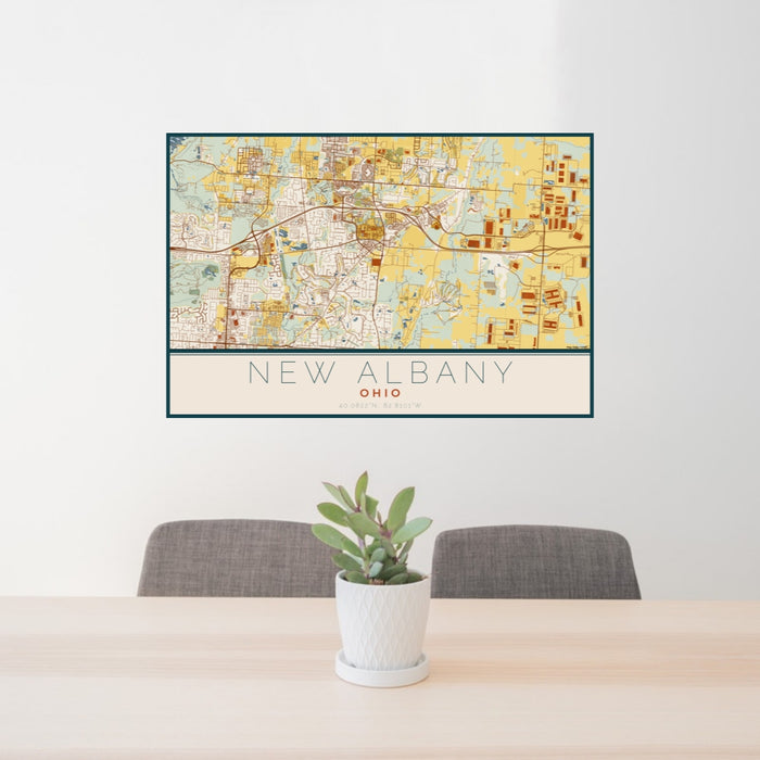 24x36 New Albany Ohio Map Print Landscape Orientation in Woodblock Style Behind 2 Chairs Table and Potted Plant