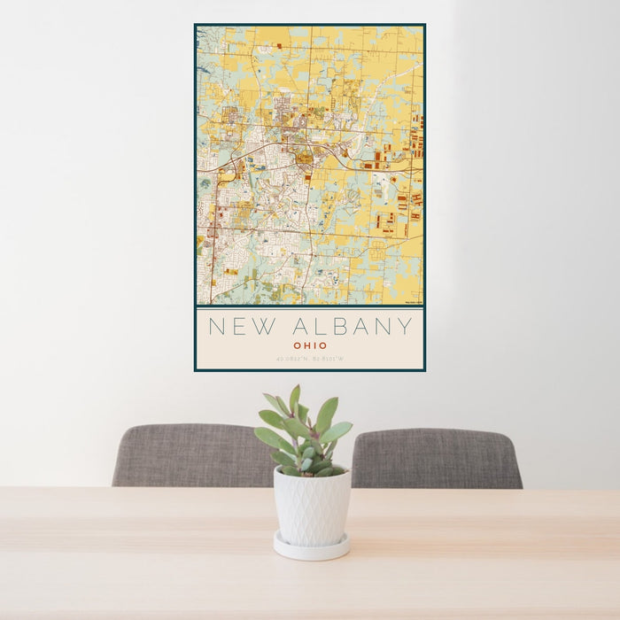 24x36 New Albany Ohio Map Print Portrait Orientation in Woodblock Style Behind 2 Chairs Table and Potted Plant