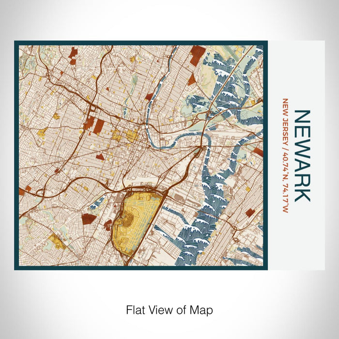 Rendered View of Newark New Jersey Map on 20oz Stainless Steel Insulated Bottle with Bamboo Top with printed woodblock style map
