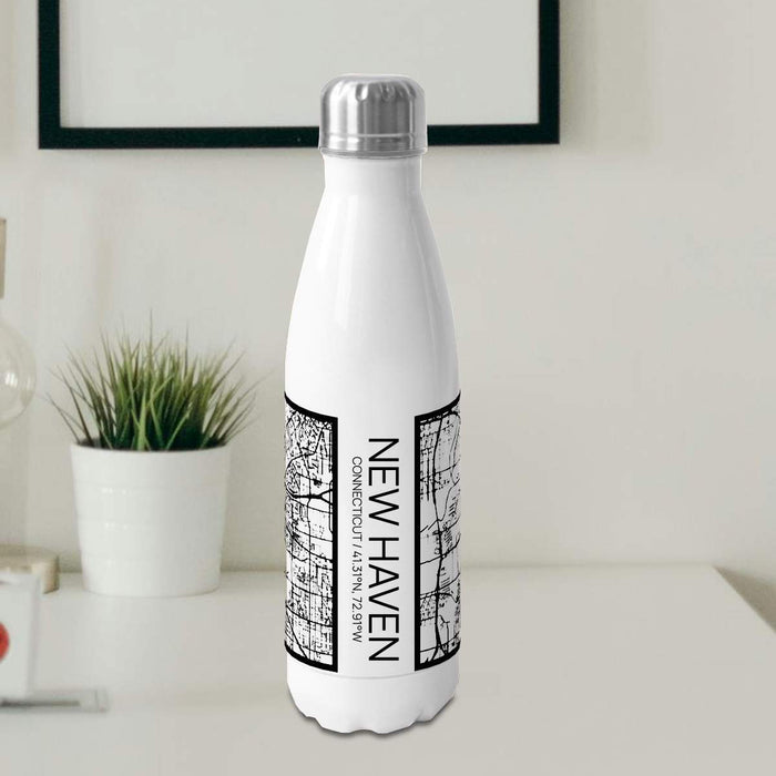 New Haven Connecticut Custom City Map Inscription Coordinates on 17oz Stainless Steel Insulated Cola Bottle in Stainless in Matte White