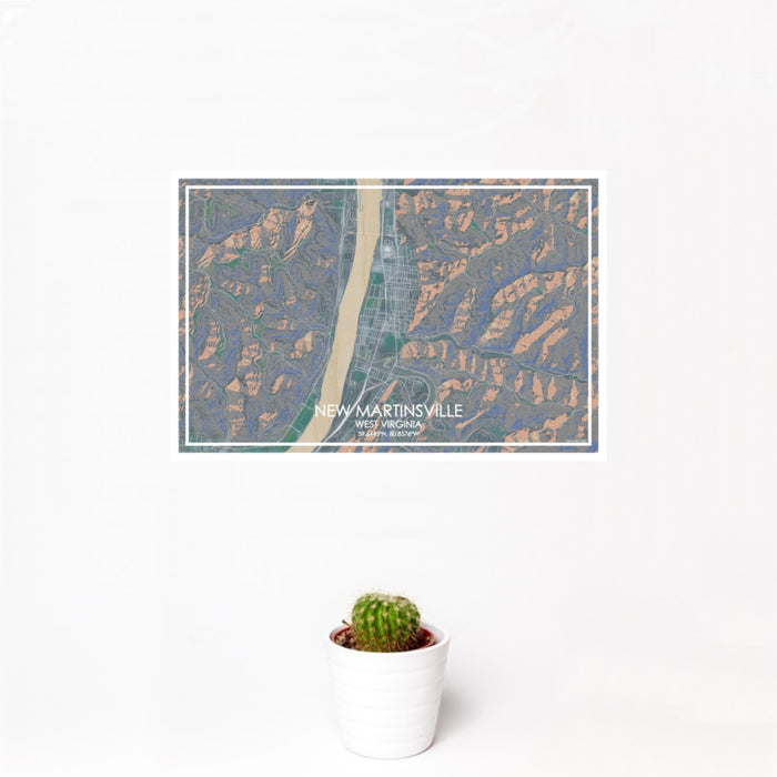 12x18 New Martinsville West Virginia Map Print Landscape Orientation in Afternoon Style With Small Cactus Plant in White Planter