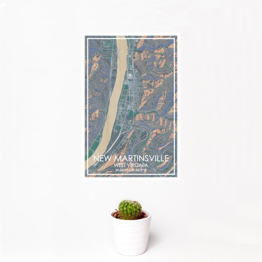 12x18 New Martinsville West Virginia Map Print Portrait Orientation in Afternoon Style With Small Cactus Plant in White Planter