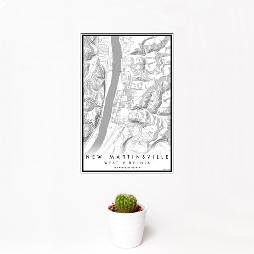 12x18 New Martinsville West Virginia Map Print Portrait Orientation in Classic Style With Small Cactus Plant in White Planter