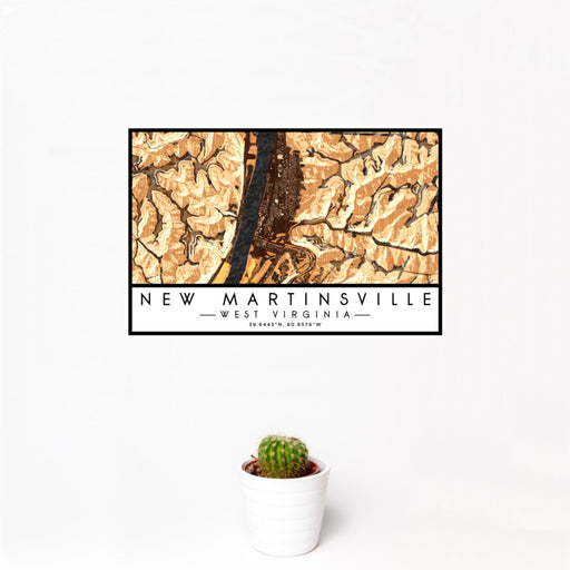 12x18 New Martinsville West Virginia Map Print Landscape Orientation in Ember Style With Small Cactus Plant in White Planter