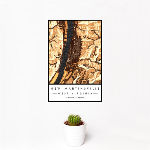 12x18 New Martinsville West Virginia Map Print Portrait Orientation in Ember Style With Small Cactus Plant in White Planter