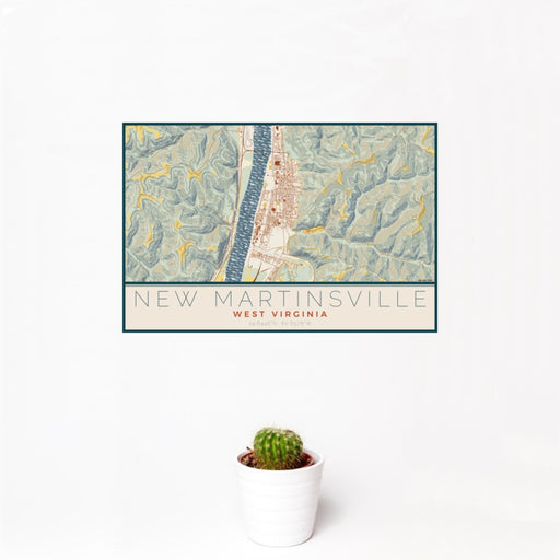 12x18 New Martinsville West Virginia Map Print Landscape Orientation in Woodblock Style With Small Cactus Plant in White Planter
