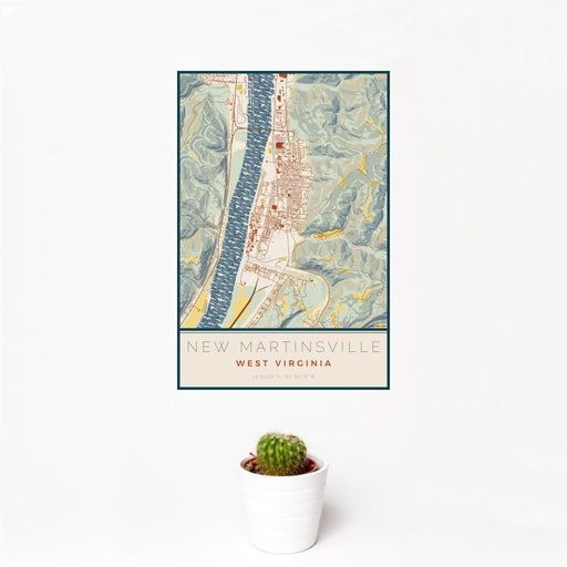 12x18 New Martinsville West Virginia Map Print Portrait Orientation in Woodblock Style With Small Cactus Plant in White Planter
