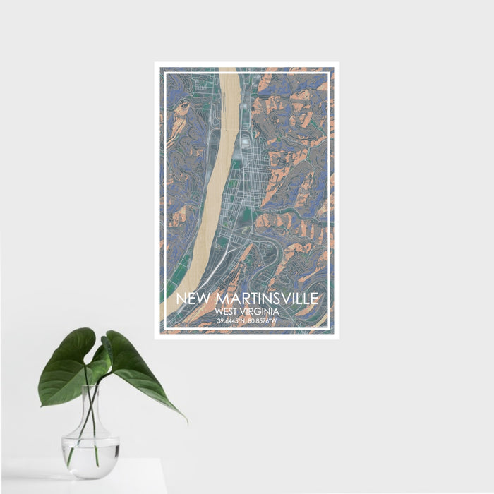 16x24 New Martinsville West Virginia Map Print Portrait Orientation in Afternoon Style With Tropical Plant Leaves in Water