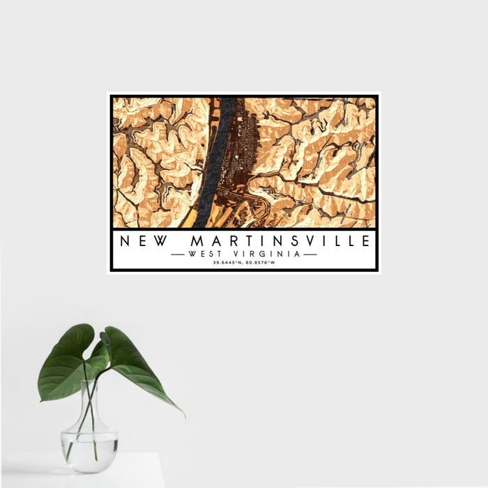 16x24 New Martinsville West Virginia Map Print Landscape Orientation in Ember Style With Tropical Plant Leaves in Water