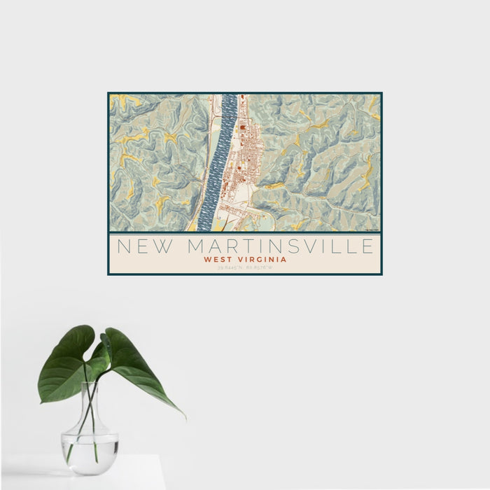 16x24 New Martinsville West Virginia Map Print Landscape Orientation in Woodblock Style With Tropical Plant Leaves in Water