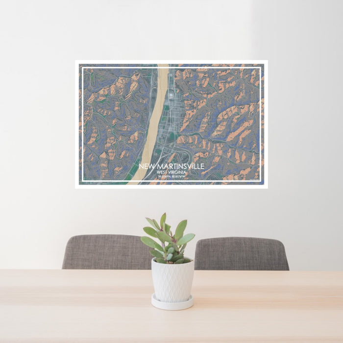 24x36 New Martinsville West Virginia Map Print Lanscape Orientation in Afternoon Style Behind 2 Chairs Table and Potted Plant