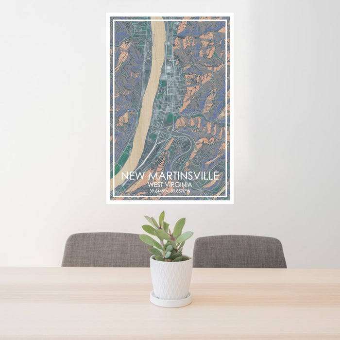 24x36 New Martinsville West Virginia Map Print Portrait Orientation in Afternoon Style Behind 2 Chairs Table and Potted Plant