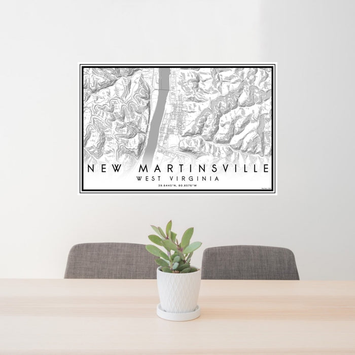 24x36 New Martinsville West Virginia Map Print Lanscape Orientation in Classic Style Behind 2 Chairs Table and Potted Plant