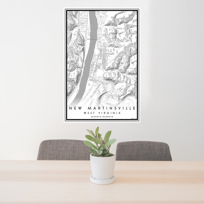 24x36 New Martinsville West Virginia Map Print Portrait Orientation in Classic Style Behind 2 Chairs Table and Potted Plant