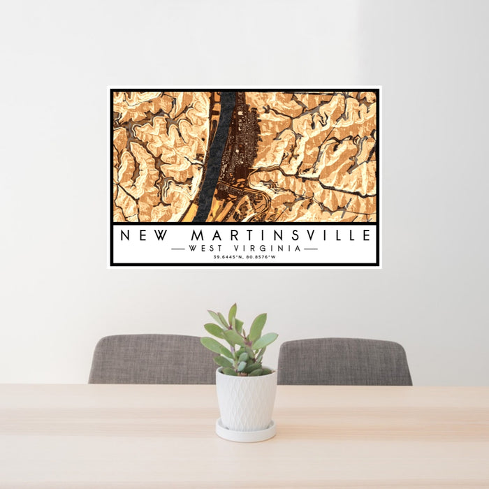 24x36 New Martinsville West Virginia Map Print Lanscape Orientation in Ember Style Behind 2 Chairs Table and Potted Plant