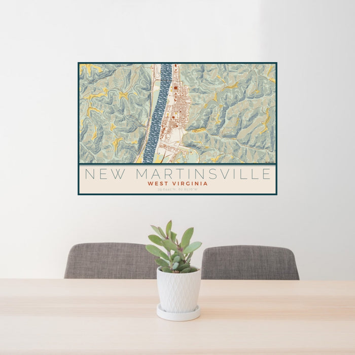 24x36 New Martinsville West Virginia Map Print Lanscape Orientation in Woodblock Style Behind 2 Chairs Table and Potted Plant