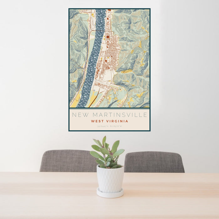 24x36 New Martinsville West Virginia Map Print Portrait Orientation in Woodblock Style Behind 2 Chairs Table and Potted Plant