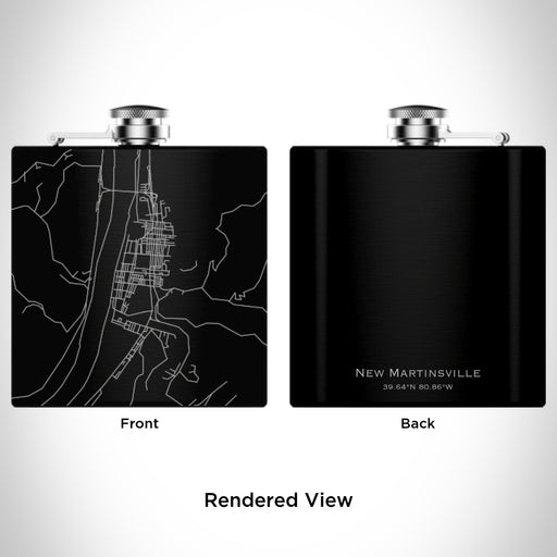 Rendered View of New Martinsville West Virginia Map Engraving on 6oz Stainless Steel Flask in Black