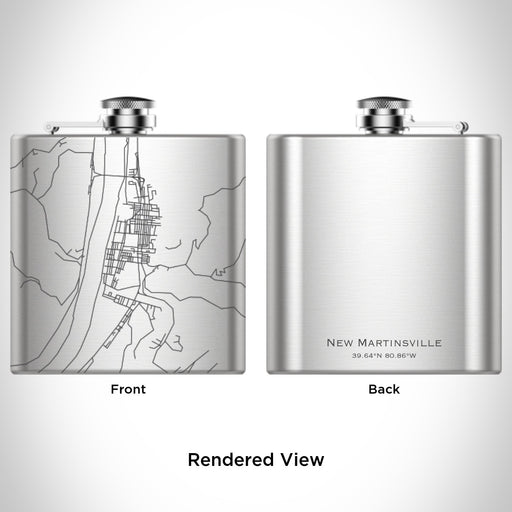 Rendered View of New Martinsville West Virginia Map Engraving on 6oz Stainless Steel Flask