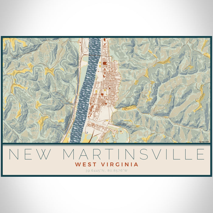 New Martinsville West Virginia Map Print Landscape Orientation in Woodblock Style With Shaded Background