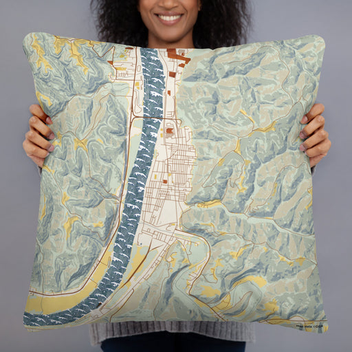 Person holding 22x22 Custom New Martinsville West Virginia Map Throw Pillow in Woodblock
