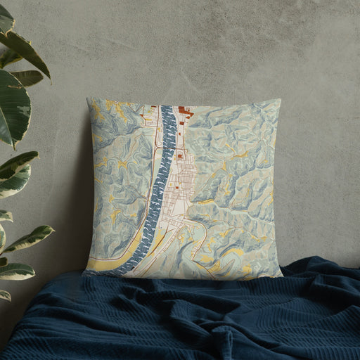 Custom New Martinsville West Virginia Map Throw Pillow in Woodblock on Bedding Against Wall