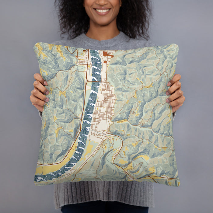 Person holding 18x18 Custom New Martinsville West Virginia Map Throw Pillow in Woodblock