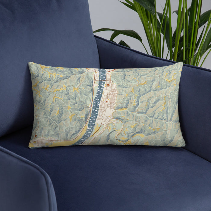 Custom New Martinsville West Virginia Map Throw Pillow in Woodblock on Blue Colored Chair