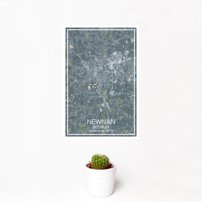 12x18 Newnan Georgia Map Print Portrait Orientation in Afternoon Style With Small Cactus Plant in White Planter