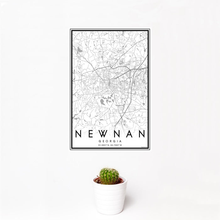12x18 Newnan Georgia Map Print Portrait Orientation in Classic Style With Small Cactus Plant in White Planter