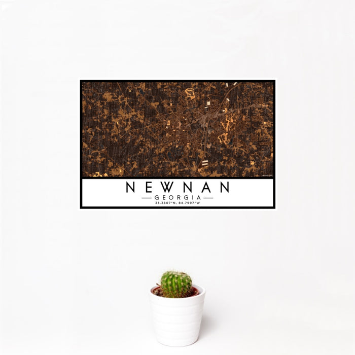 12x18 Newnan Georgia Map Print Landscape Orientation in Ember Style With Small Cactus Plant in White Planter