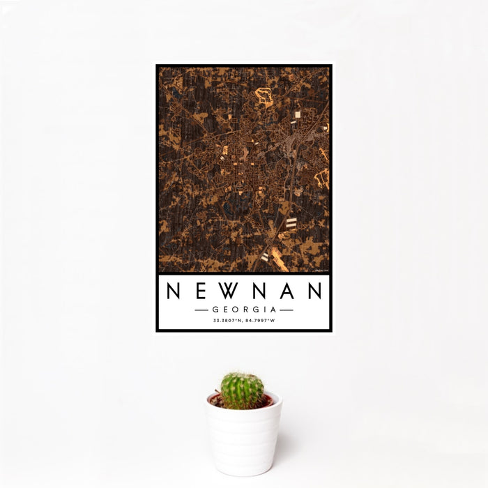 12x18 Newnan Georgia Map Print Portrait Orientation in Ember Style With Small Cactus Plant in White Planter