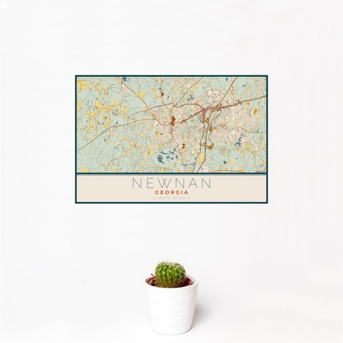 12x18 Newnan Georgia Map Print Landscape Orientation in Woodblock Style With Small Cactus Plant in White Planter