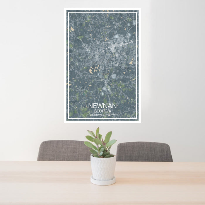 24x36 Newnan Georgia Map Print Portrait Orientation in Afternoon Style Behind 2 Chairs Table and Potted Plant