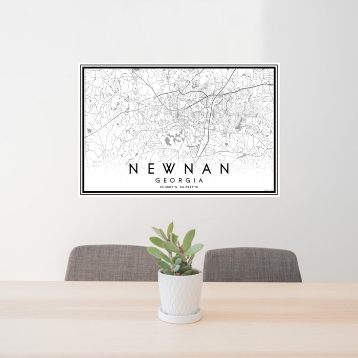 24x36 Newnan Georgia Map Print Landscape Orientation in Classic Style Behind 2 Chairs Table and Potted Plant
