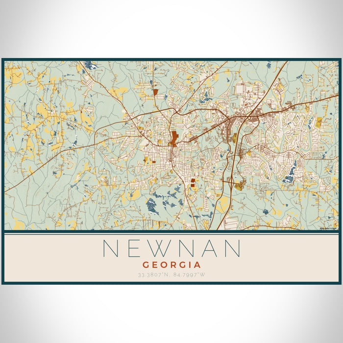 Newnan Georgia Map Print Landscape Orientation in Woodblock Style With Shaded Background