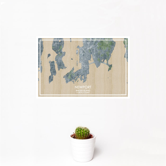 12x18 Newport Rhode Island Map Print Landscape Orientation in Afternoon Style With Small Cactus Plant in White Planter
