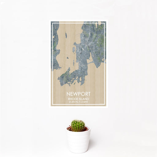 12x18 Newport Rhode Island Map Print Portrait Orientation in Afternoon Style With Small Cactus Plant in White Planter