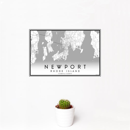 12x18 Newport Rhode Island Map Print Landscape Orientation in Classic Style With Small Cactus Plant in White Planter