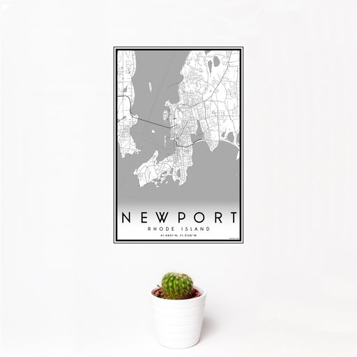 12x18 Newport Rhode Island Map Print Portrait Orientation in Classic Style With Small Cactus Plant in White Planter