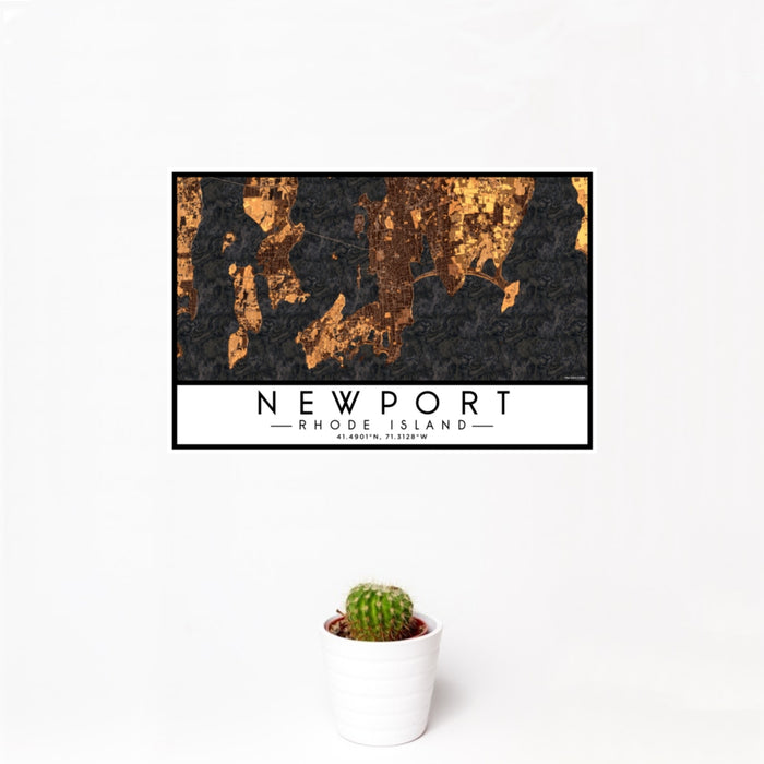 12x18 Newport Rhode Island Map Print Landscape Orientation in Ember Style With Small Cactus Plant in White Planter